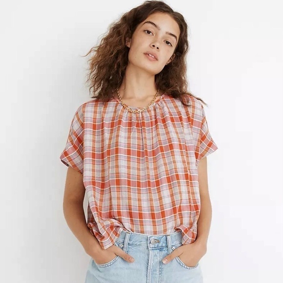 Madewell Plaid Pleat Neck Preppy Women’s Plaid Oversized Academia Top Sz XS - Picture 2 of 10